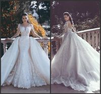 Wholesale 2019 New Backless Mermaid Lace Wedding Dresses With Detachable Train Plunging Neck Sleeves Beaded Tulle Overskirt Dubai arabic Bridal Gowns