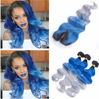 Wholesale B Blue Grey Ombre Virgin Peruvian Human Hair Weaves Bundles with x4 Lace Front Closure Three Tone Ombre Body Wave Human Hair Extensions