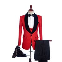 Wholesale Custom Design One Buttons Red Jacquard Groom Tuxedos Black Shawl Lapel Best Man Groomsmen Men Wedding Suits Jacket Pant Bow Tie Vest