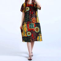Wholesale Womens O Neck Floral Print Short Sleeve Cotton Linen Casual Knee Length Dress Baggy Boho Tunic Kaftan Plus Size