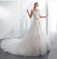 Wholesale 2018 new style In Stock white tulle Wedding Dresses Cheap A line Sweetheart gold Appliques Wedding Gowns fairy strapless Bridal Dress