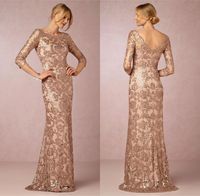 Wholesale Rose Gold Mother of the Bride Dresses Neck Long Sleeve Vintage Lace Sweep Train Formal Evening Party Wear
