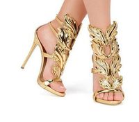 Wholesale 2018Hot Sale Golden Metal Wings Leaf Strappy Dress Sandal Silver Gold Red Gladiator High Heels Shoes Women Metallic Winged Sandals