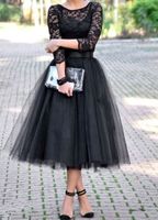 Wholesale Modern Three Quarter Sleeve New Scoop Short Black Prom Dresses Lace A Line Formal Evening Gowns Party Tea Length Belt Sheer Draped