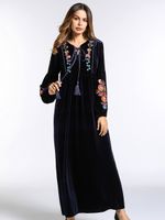Wholesale long sleeve Velvet Maxi long Dress women Autumn Winter Flower Embroidery warm tunics lace up collar muslim black dress