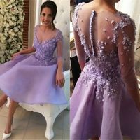 Wholesale Lilac Sheer Floral Arabic Chiffon Homecoming Dresses Long Sleeve Saudi Knee Length Short Prom Dress Cocktail Cocktail Party Club Wear