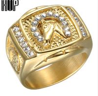 Wholesale HIP Hop Micro Pave Rhinestone Iced Out Bling Horse Ring IP Gold Filled Titanium Stainless Steel Rings for Men Jewelry