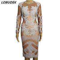 Wholesale White Pearl Sparkly Crystals Dress Female Costumes Star Party Celebration Vocal Concert stage outfit Beading Sexy Skinny dress