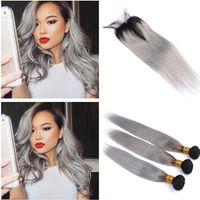 Wholesale Silver Grey Ombre Peruvian Human Hair Bundles with x4 Lace Closure Straight B Gray Ombre Virgin Hair Weft Extensions Two Tone Hair Weaves
