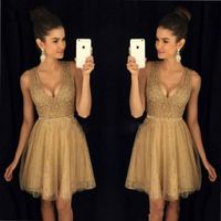 Wholesale Sexy V Neck Gold Sequins Homecoming Dresses Sleeveless Lace A Line Plus Size Knee Length Short Prom Dress Cocktail Cocktail Party Club Wear