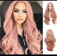 Wholesale Cosplay Wig Pink Color Long Wavy Wig Sexy Body Wave Fiber Hair Heat Resistant Gluelese Synthetic Lace Front Wigs for Black Women FZP78