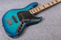 Wholesale Arvinmusic Factory Custom Blue Strings Electric Bass Guitar with Flame Maple Veneer Transparen Pickguard Chrome Hardware Maple Neck Can be