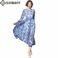 Wholesale Simgent Womens Blue and White Porcelain Printed Ruched Elegant O Neck Flared Runway Long Spring Dress Women Moda Feminina