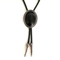 Wholesale Mens accessories Western cowboy bolo tie Black leather with metal buckle color Black natural agate decoration retail bolo ties
