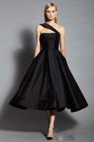 Wholesale runway Fashion Two Style Little Black Dresse Sexy V Neck Sleeveless Tea Length Satin Simple Long Prom Dresse Formal Evening Red Carpet Wears