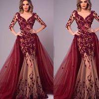 Wholesale Wine Red Prom Dresses V Neck Lace Appliques Hand Made Flowers with Detachable Train Long Sleeve Tulle Dark Red Evening Dresses Gowns