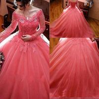 Wholesale 2019 Modest Watermelon Sweet Dresses Long Sleeves Lace Tulle Ball Gown Quinceanera Dresses Off Shoulder Prom Dresses Elegant