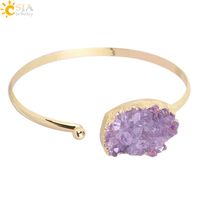 Wholesale CSJA Cuff Bracelets for Women Purple Natural Stone Bangle Amythest Crystal Quartz Gold Color Bangles Adjustable Wedding Charm Jewelry F347