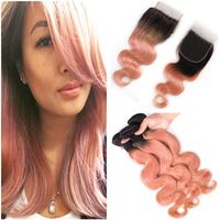Wholesale Dark Rooted B Rose Gold Ombre x4 Lace Closure with Bundles Ombre Pink Virgin Peruvian Human Hair Bundle Deals with Top Closure