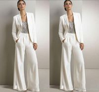 Wholesale 2021 New Bling Sequins Ivory White Pants Suits Mother Of The Bride Dresses Formal Chiffon Tuxedos Women Party Wear New Fashion Modest