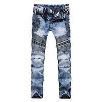 Wholesale Men s Pleated Biker Jeans Pants Slim Fit Brand Designer Motocycle Denim Trousers For Male Straight Washed Multi Zipper