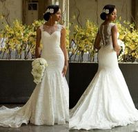 Wholesale African Mermaid Wedding Dresses Illusion Neckline Country Bridal Gowns Nigerian Lace Covered Button Back Sexy Aso Ebi Lace Wedding Dress