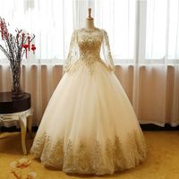Wholesale Vestido de Novia Ball Gown Quinceanera Dresses Gold Lace Prom Dresses Sexy Sheer Neck Long Sleeves Prom Dresses