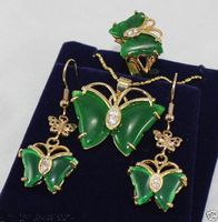 Wholesale Jewelry K GP butterfly green jade pendant Necklace earrings ring set lt lt lt
