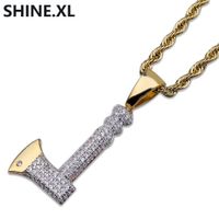 Wholesale Hip Hop Men Rock AX Pendant Necklace Gold Color Plated Iced Out Micro Pave Zircon Charm Necklace for Men Women Bling Party Jewelry