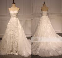 Wholesale Detachable Train Designer Wedding Dresses Lace Sweetheart See Through Bling Crystal Ribbon Corset Back Cheap Court Train Wedding Gowns