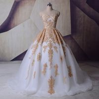 Wholesale New Plus Size Corset White and Gold A Line Wedding Dress Lace Tulle Colorful Applique Bridal Gown Royal Vestido Sweep Train Sweetheart