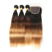Wholesale Three Tone Peruvian Virgin Hair With Lace Frontal Silk Straight b Colored Honey Blonde Unprocess Hair With Frontal Closure