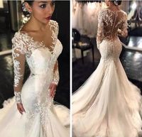 Wholesale 2018 New Gorgeous Lace Mermaid Wedding Dresses v neck Dubai African Arabic Style Petite Long Sleeves Natural Slin Fishtail Bridal Gowns
