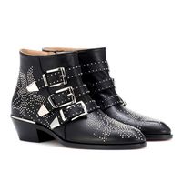 Wholesale Celebrity Susanna Autumn Winter Shoes Woman Buckle Strap Stone Studded Rivet Ankle Boots Women Stacked Block Heels Motorcycle Botas Mujer