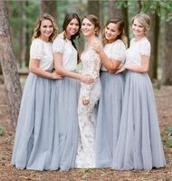 Wholesale Elegant Two Pieces Dusty Blue Tulle Country Long Bridesmaid Dresses Short Sleeves Lace Top Floor Length Evening