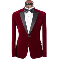 Wholesale Two Piece Red Velvet Men Suits for Wedding Groomsmen Wear Black Peaked Lapel Trim Fit Custom Made Groom Tuxedos Jacket Black Pants