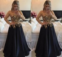 Wholesale Sexy Gold And Blakc Long Sleeve Lace Prom Dresses Jewel A Line Floor Length Sash Satin Prom Dress Formal Women Evening Party Gowns Online