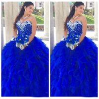 Wholesale 2021 Sweetheart Royal Blue Quinceanera Dresses masquerad Cascading Ruffles Ball Gown Beaded Crystal Sweet Party Prom Gowns Puffy