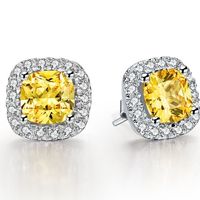 Wholesale Sterling Silver Earring Stud Halo Paved CT Piece Yellow Cushion Cut Synthetic Diamonds Stud Earrings White Gold Color Jewelry