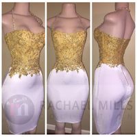 Wholesale 2021 Sexy Saghetti Strap Gold Lace Appliques Beading Prom Dresses Short Knee Length Slim Long African Cocktail Party Gowns Formal