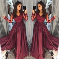 Wholesale New Elegant V Neck Burgundy Prom Dresses With Long Sleeves Formal Evening Gowns Lace Bodice Pageant Party Dress Cheap vestido de fiesta