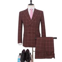Wholesale Hot Sale Dinner Suit wine red Wedding suit Double Breasted woolblend Blazer Plaid Suit Groom Tuxedos Formal Suits Jacket pants