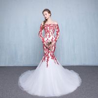 Wholesale Sexy White and Red Mermaid Wedding Dresses Court Train Off the shoulder Applique Tulle Long Sleeve Bridal Gowns Vestido De Novia W172