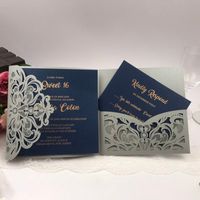 Wholesale Navy Blue Flower Laser Cut Pocket Wedding Invitation Kits Customized Printing Business Invitation Cards in Color