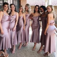 Wholesale Deep Lilac Ankle Length Bridesmaid Dresses Sexy Spaghetti Straps Ruched Satin Wedding Party Dress Sexy African Short Mermaid Cocktail Dress