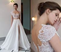 Wholesale 2018 Boho Two Pieces Wedding Dresses Riki Dalal Lace Pearls Beading Formal Summer Beach Bridal Gowns Sexy Scoop Neck Backless Leg Splits