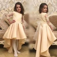 Wholesale Pageant Dresses For Girls Light Yellow Lace Long Sleeve Satin Hi Low Flower Girl Dresses For Weddings With Sash EN1228