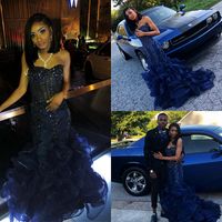Wholesale 2018 Sparkly Crystal Sequined Mermaid Prom Dresses Sweetheart Strapless Navy Evening Party Gowns African Black Girl Organza Dresses Ruffle