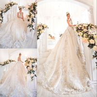 Wholesale Saudi Arabia D Floral Appliques Wedding Dresses Beaded Jewel Neck Lace Applique Wedding Gown Dubai Princess Fancy Tulle Long Wedding Dress