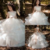 Wholesale Flower Girls Dresses For Weddings Sheer Jewel Neck Lace Applique Big Bow Sweep Train Tulle Birthday Children Pageant Gowns